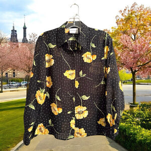 Alfred Dunner Floral Button Down Sheer Blouse Womens 8P Black Gold Long Sleeve